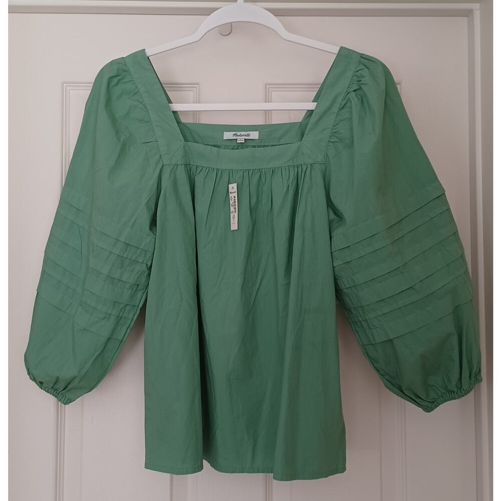 Madewell Square Neck Pleat Sleeve Top Pale Evergreen Size S NWT - Picture 4 of 11